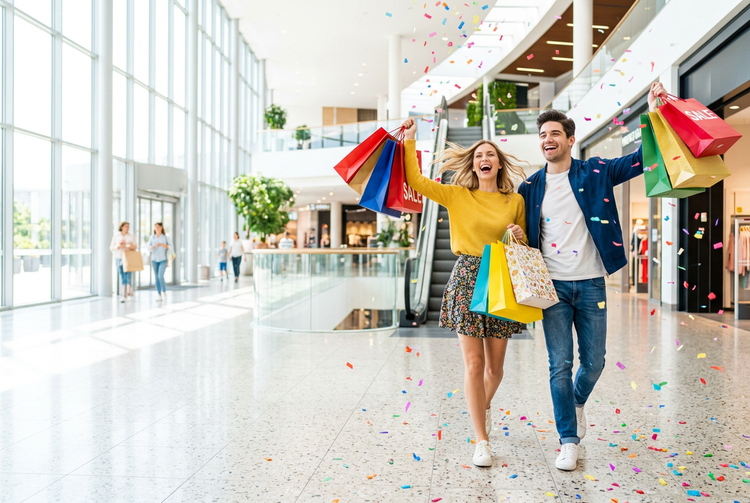 a man and woman holding shopping bags in a mall