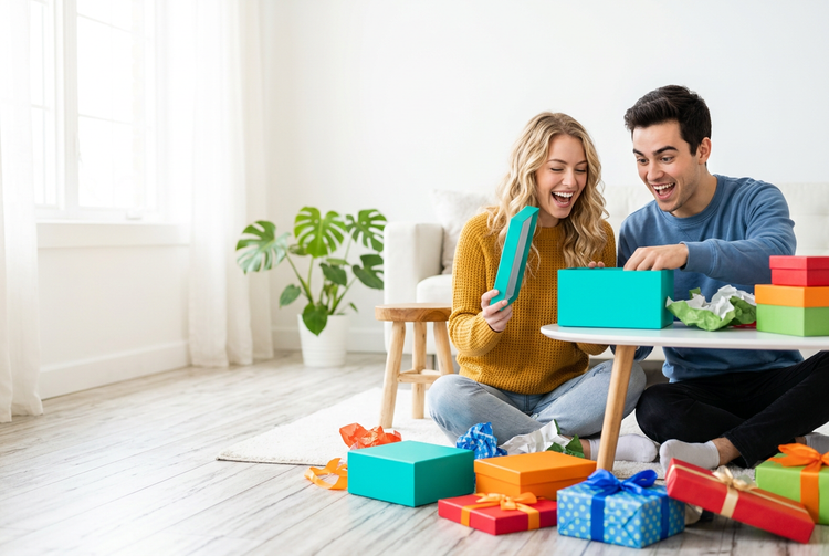 a man and woman opening presents