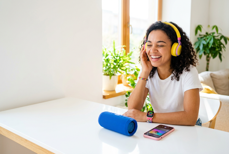 a woman wearing yellow headphones and smiling