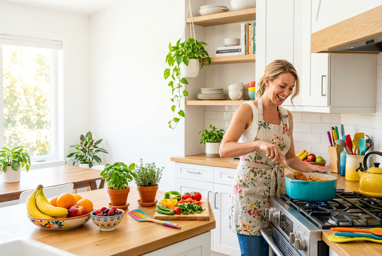 a woman cooking in a kitchen