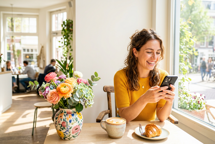 a woman sitting at a table with a croissant and a vase of flowers