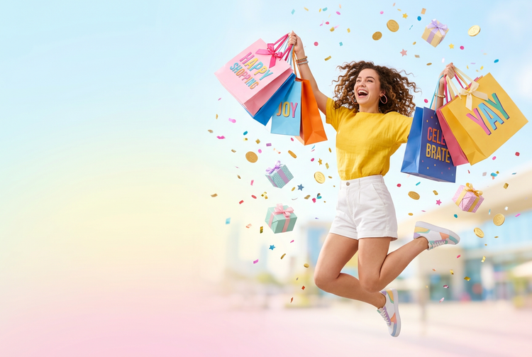 a woman jumping in the air with shopping bags