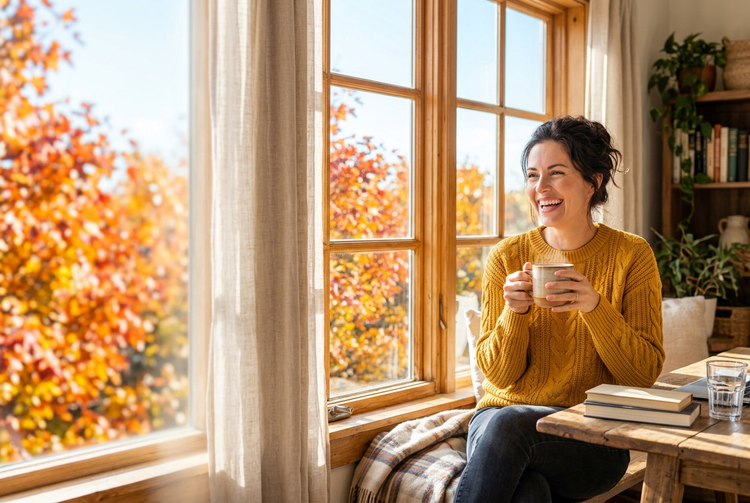 a woman smiling while holding a mug