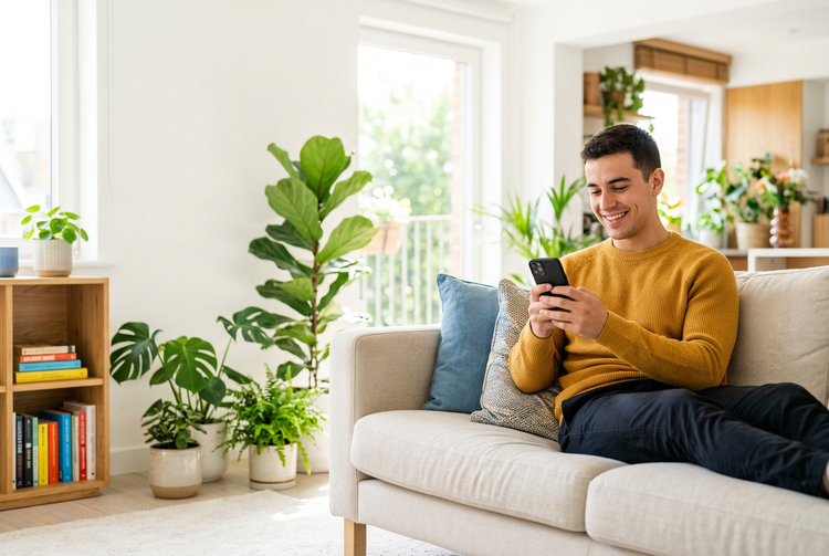 a man sitting on a couch looking at his phone