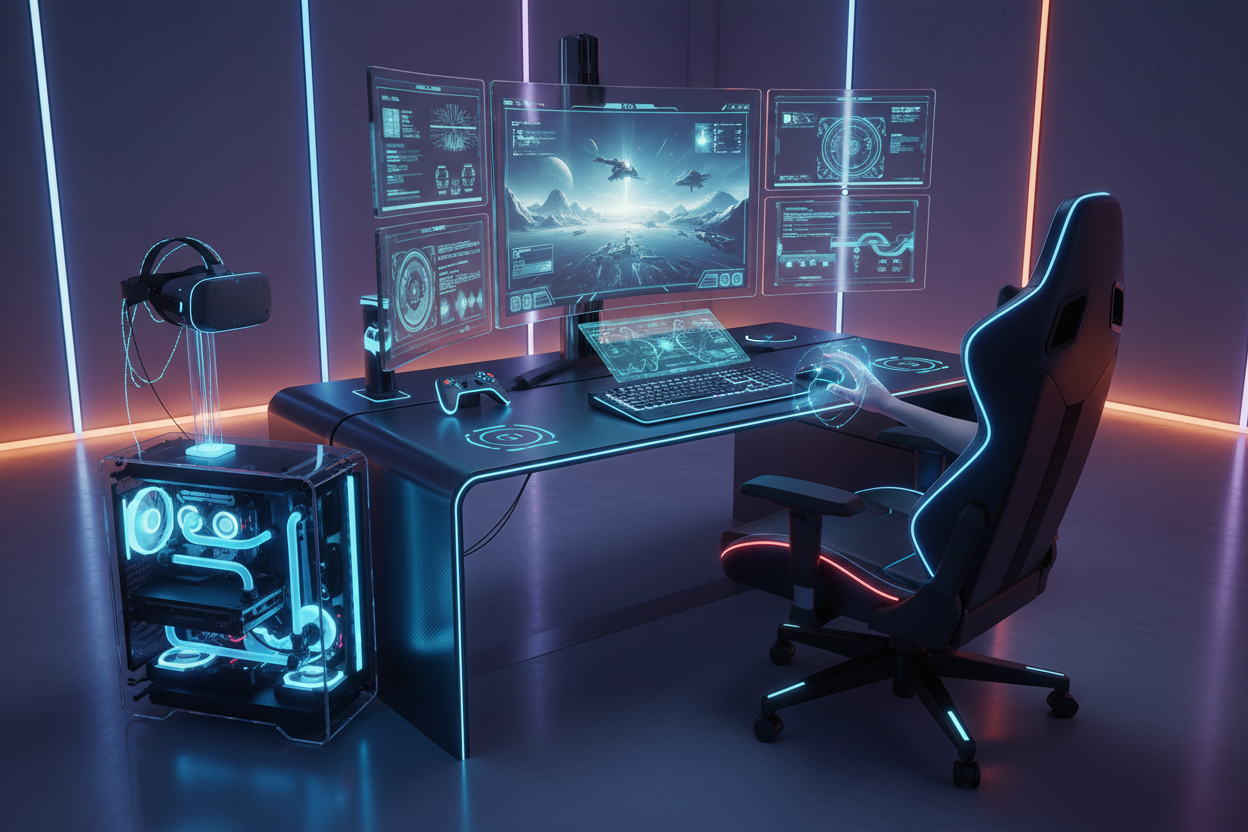 QUIERO UNA IMAGEN ACTUAL 2035 REALISTA CON EQUIPOS GAMIN ULTIMA GENERATION