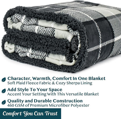 Dark Grey Plaid Sherpa Throw Blanket for Couch, Soft Plush Gray Flannel Blanket & Throws for Bed Sofa, Warm Cozy Winter Christmas Blanket, Reversible Fuzzy Decorative Fleece Gift Throw, 50X60