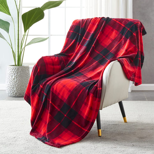 Flannel Fleece Throw Blanket 50 X 60 Inches, All Season Plaid Red Blanket for Bed, Couch, Car