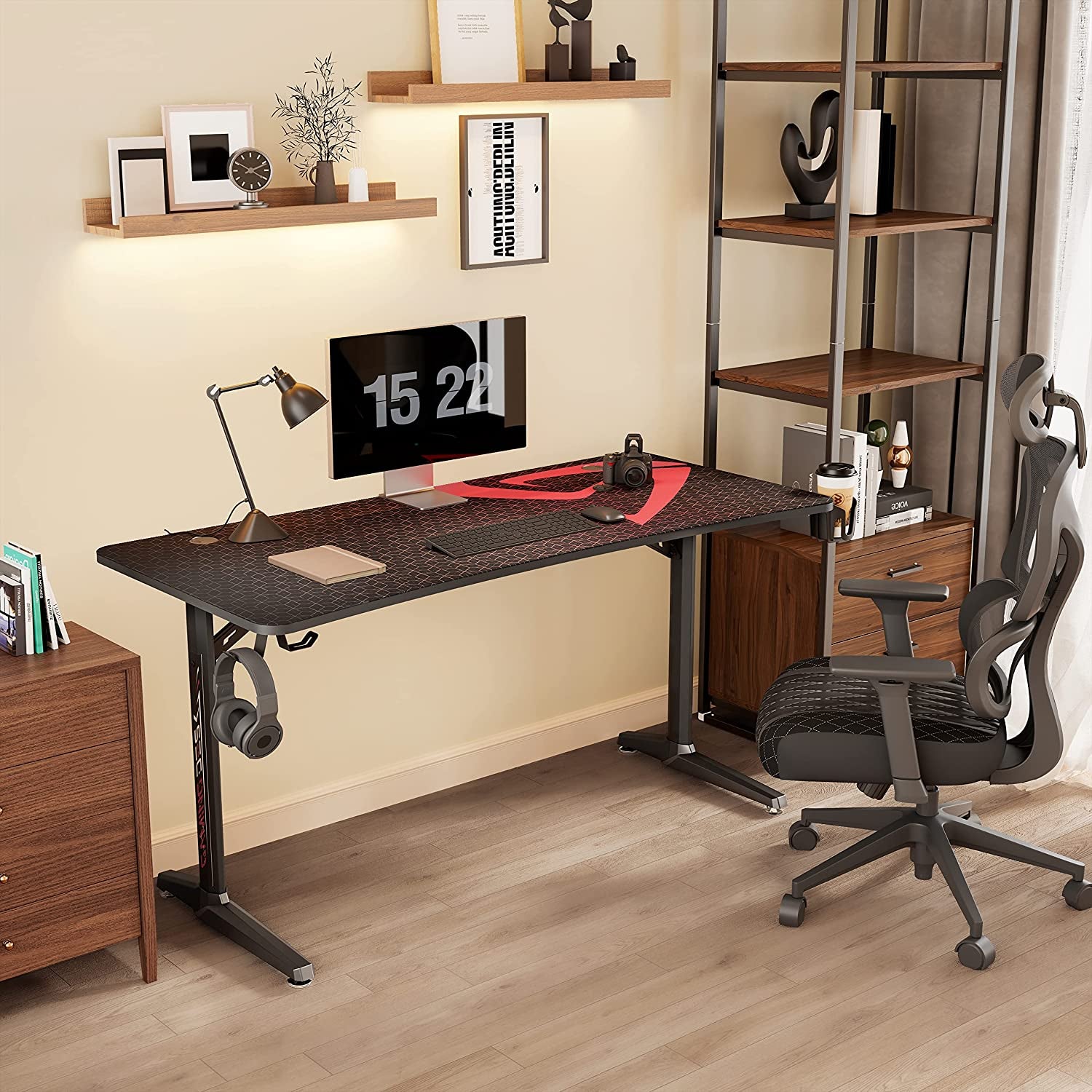 60 Inch Gaming Desk, Large Curved Computer Desk with Full Mouse Pad, T-Shaped Professional Gamer Studio Table for 3 Monitors with USB Handle Rack Cup Holder Headphone Hook, Carbon Fiber Black