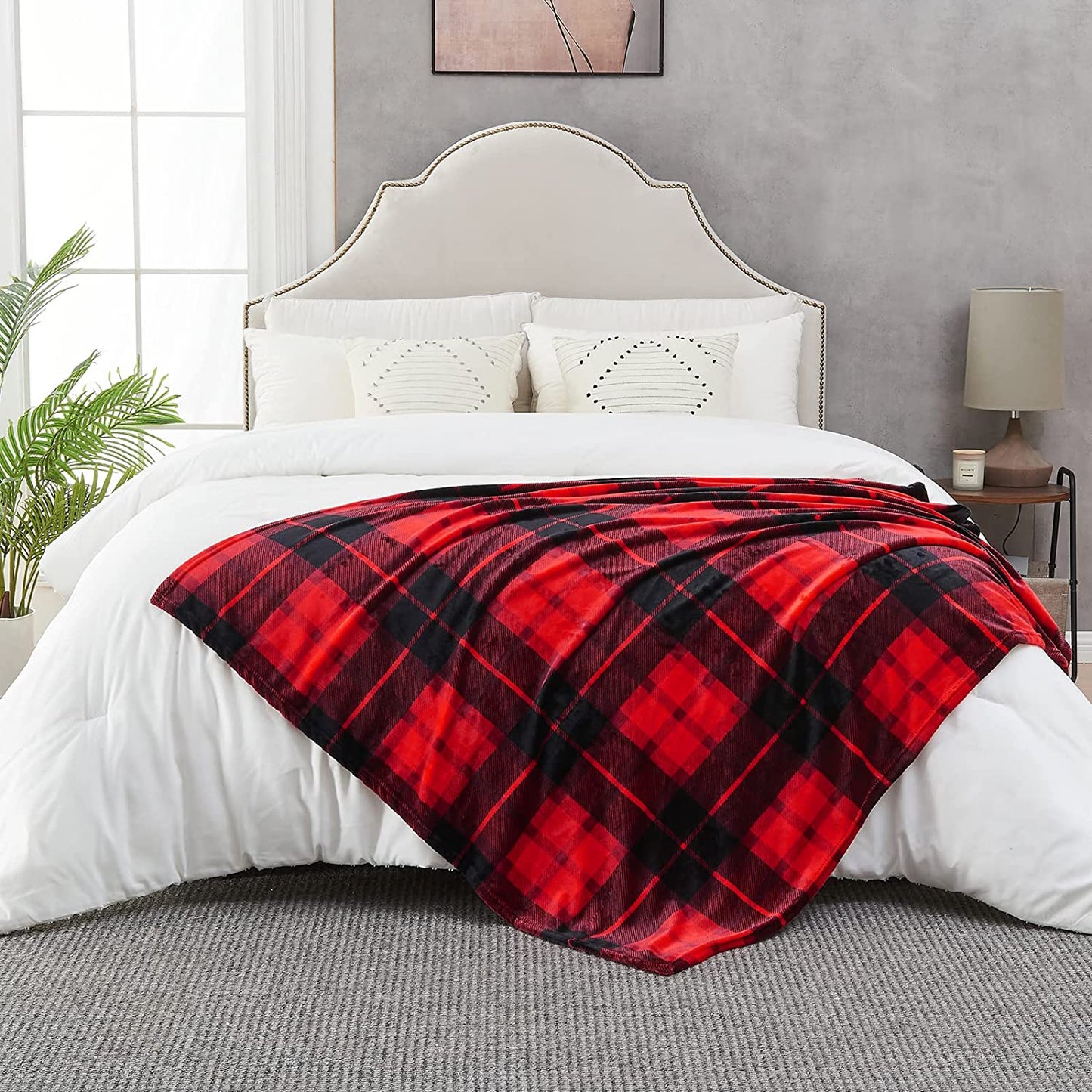 Flannel Fleece Throw Blanket 50 X 60 Inches, All Season Plaid Red Blanket for Bed, Couch, Car