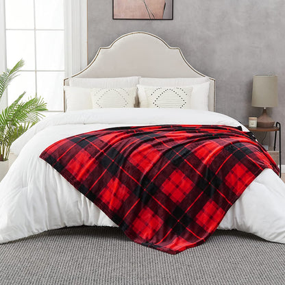 Flannel Fleece Throw Blanket 50 X 60 Inches, All Season Plaid Red Blanket for Bed, Couch, Car