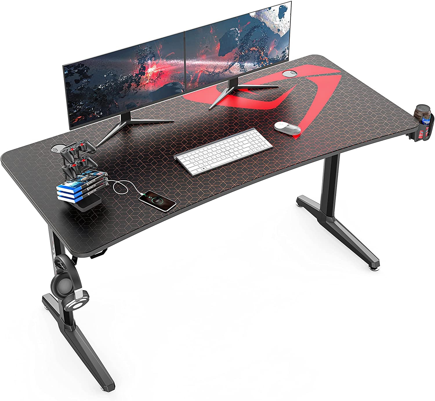 60 Inch Gaming Desk, Large Curved Computer Desk with Full Mouse Pad, T-Shaped Professional Gamer Studio Table for 3 Monitors with USB Handle Rack Cup Holder Headphone Hook, Carbon Fiber Black