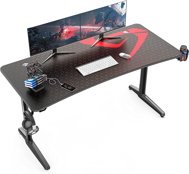 60 Inch Gaming Desk, Large Curved Computer Desk with Full Mouse Pad, T-Shaped Professional Gamer Studio Table for 3 Monitors with USB Handle Rack Cup Holder Headphone Hook, Carbon Fiber Black