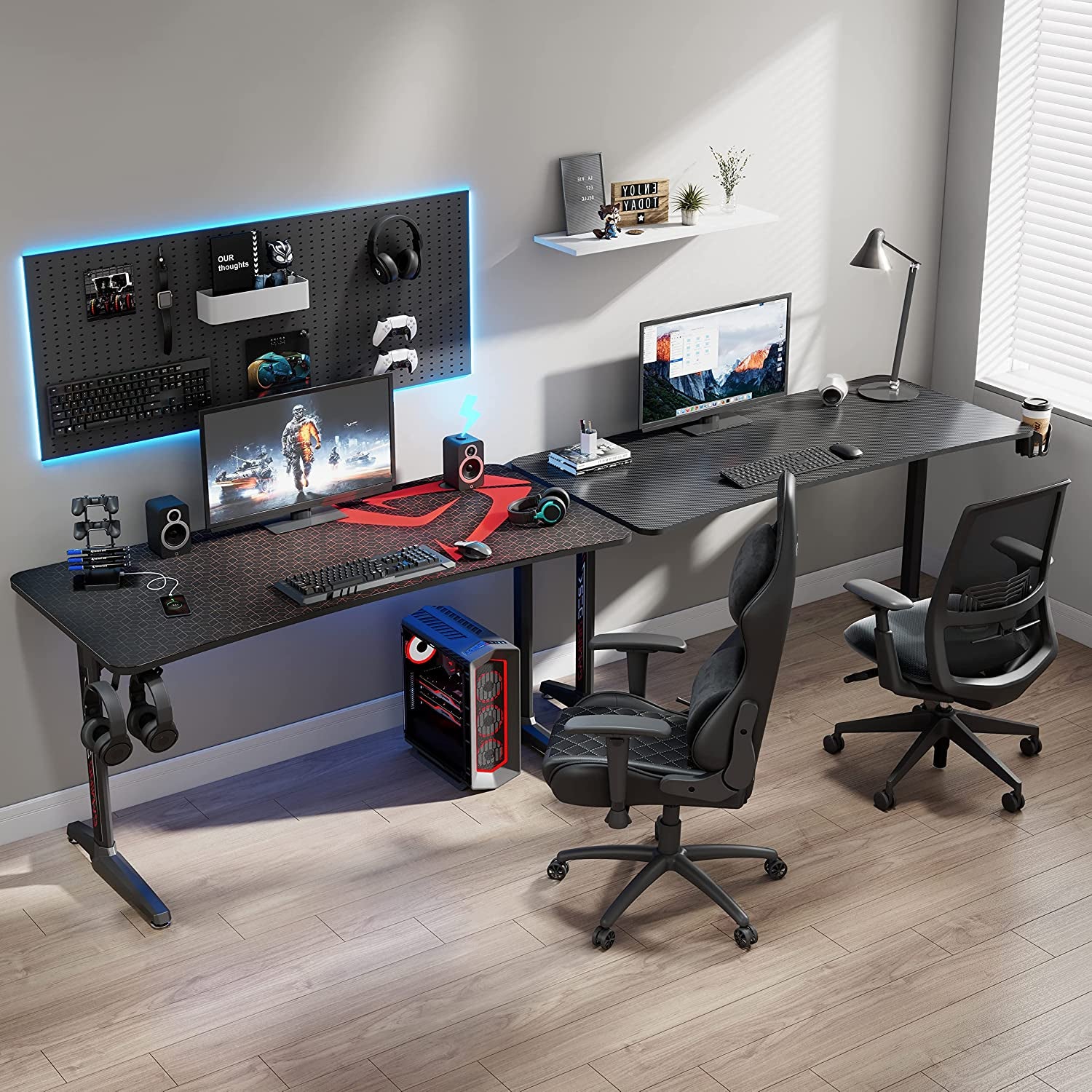 60 Inch Gaming Desk, Large Curved Computer Desk with Full Mouse Pad, T-Shaped Professional Gamer Studio Table for 3 Monitors with USB Handle Rack Cup Holder Headphone Hook, Carbon Fiber Black