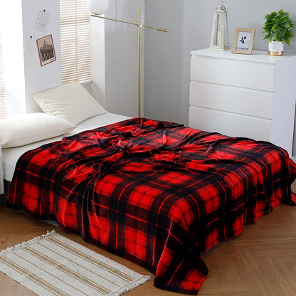 Flannel Fleece Throw Blanket 50 X 60 Inches, All Season Plaid Red Blanket for Bed, Couch, Car