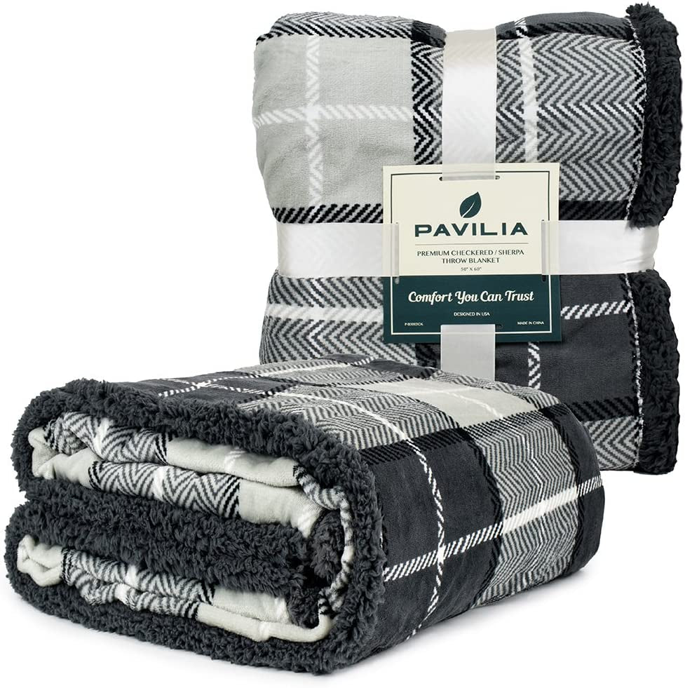 Dark Grey Plaid Sherpa Throw Blanket for Couch, Soft Plush Gray Flannel Blanket & Throws for Bed Sofa, Warm Cozy Winter Christmas Blanket, Reversible Fuzzy Decorative Fleece Gift Throw, 50X60