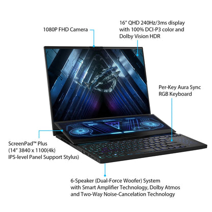 ROG Zephyrus Duo Gaming Laptop, 16” QHD, NVIDIA RTX 4080, AMD Ryzen 9 7945HX, 32GB DDR5, 1TB SSD, Win 11 Pro, GX650PZ-XS96