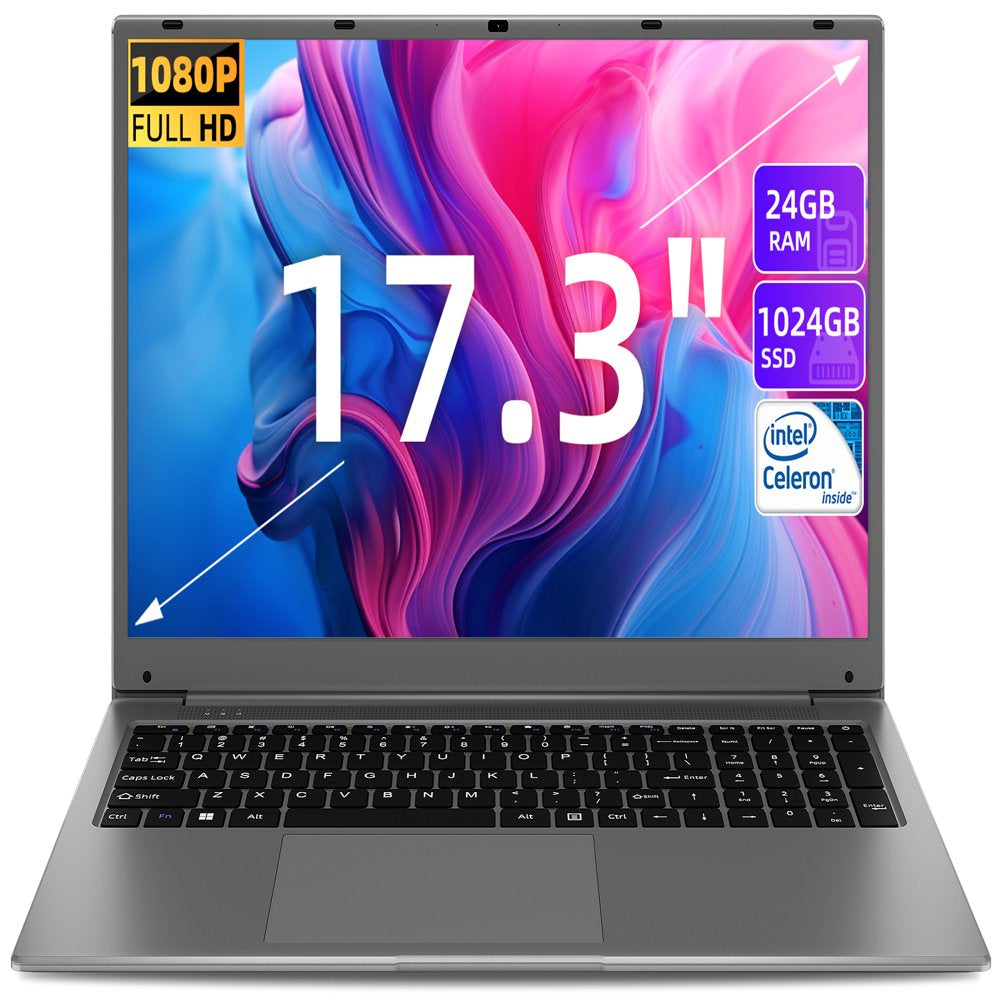 17.3 Inch Windows 11 Laptop 24GB DDR4 1024GB SSD Laptops Computer with Intel Celeron N5095A FHD 1920X1080 Dual Band Wifi, Bluetooth 4.2, Gray