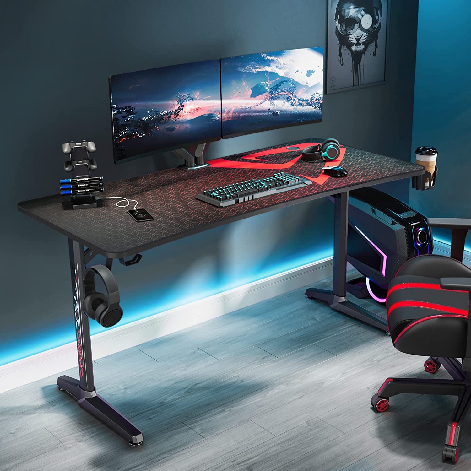 60 Inch Gaming Desk, Large Curved Computer Desk with Full Mouse Pad, T-Shaped Professional Gamer Studio Table for 3 Monitors with USB Handle Rack Cup Holder Headphone Hook, Carbon Fiber Black